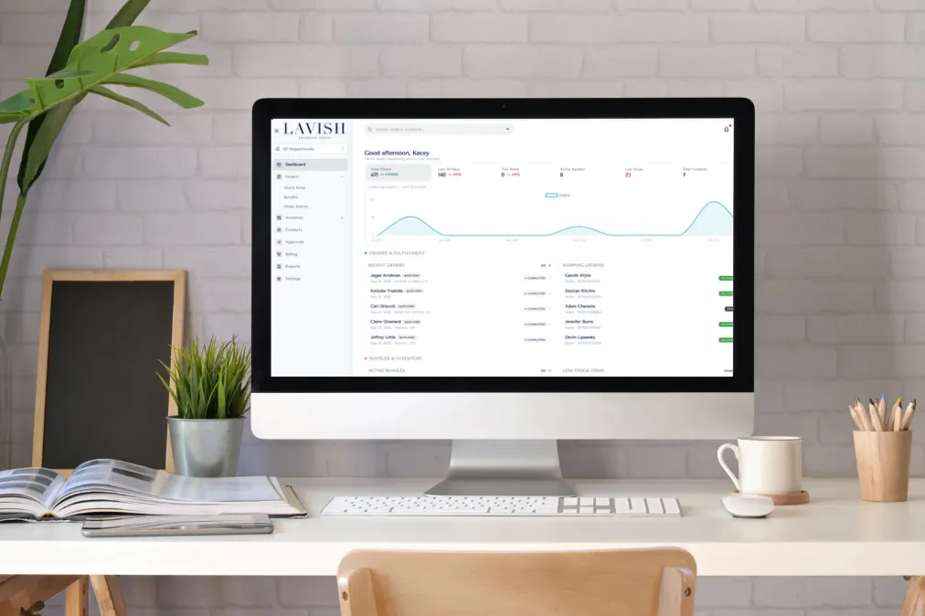 The Lavish client dashboard on a desktop monitor, showing inventory and order history